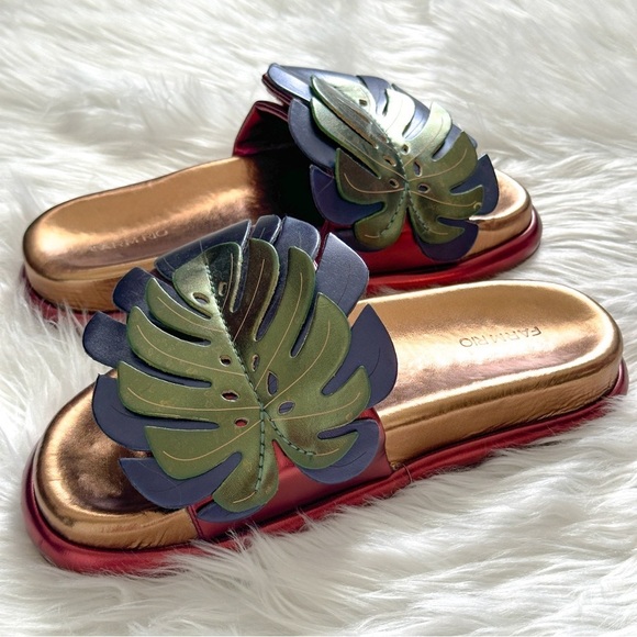 Farm Rio Bronze And Blue Monstera Anatomic Slide Sandal Size 10 - Picture 7 of 14